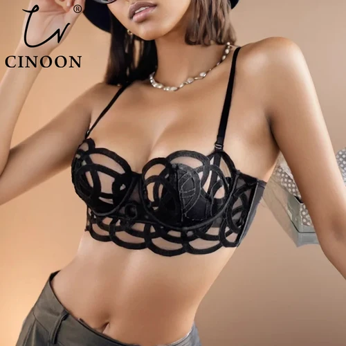 CINOON-Sujetador transparente francés de encaje para mujer, ropa interior Sexy de tentación, lencería ultrafina de realce, Bralette ahuecado