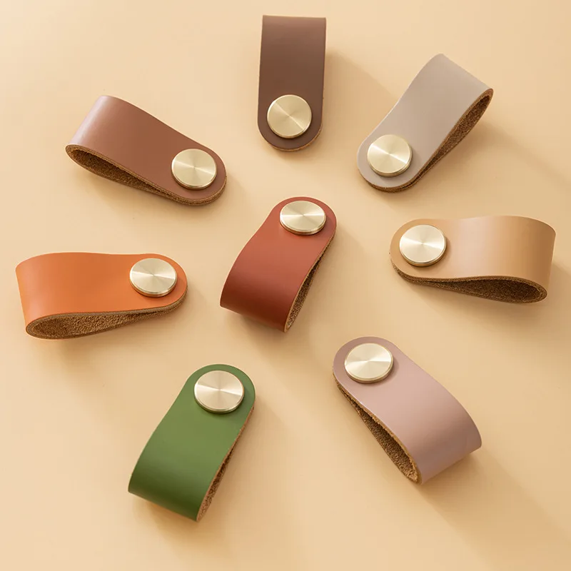 Nordic Light Luxury Tatami First-Layer Genuine Cowhide Brass Handle Anti-Collision Small Pull for Wardrobe Door Drawer