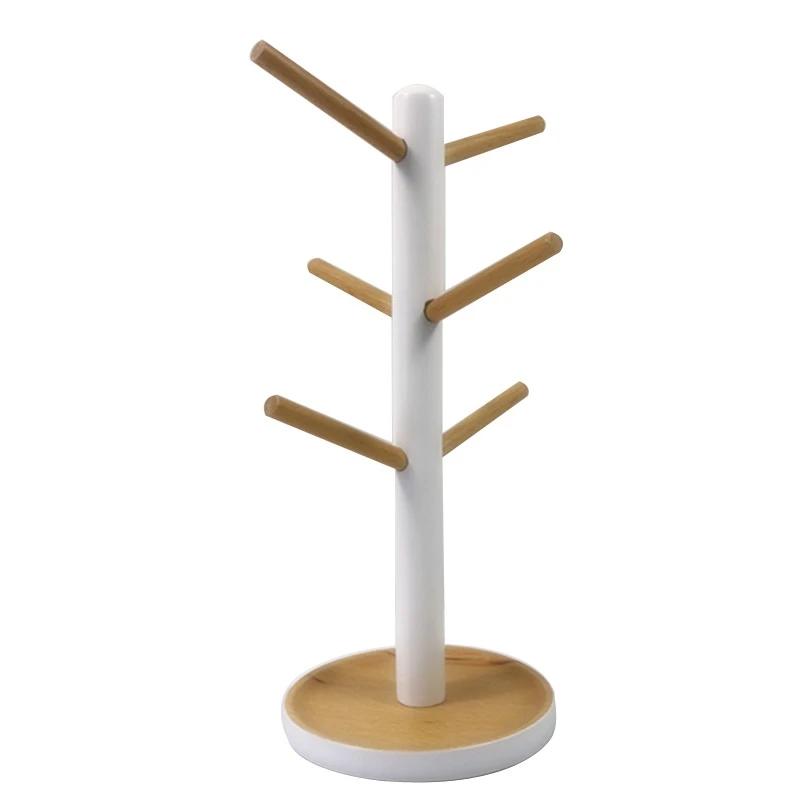 Wooden Mug Hanging Display Rack Drinkware Shelf with 6 Hooks Tree Shape Wood Coffee Tea Cup Storage Holder Stand White