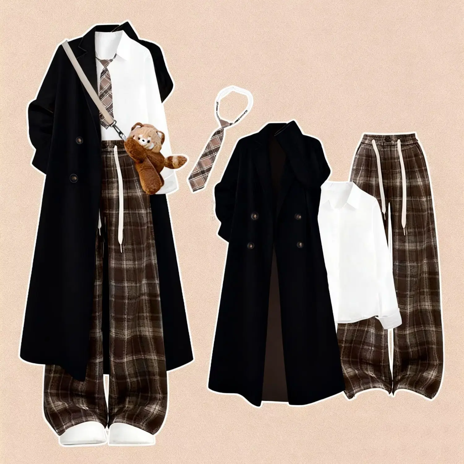 

Women's Autumn/winter Korean Black Windbreaker Jacket Casual White Shirt Wide Leg Pants Three Piece Set