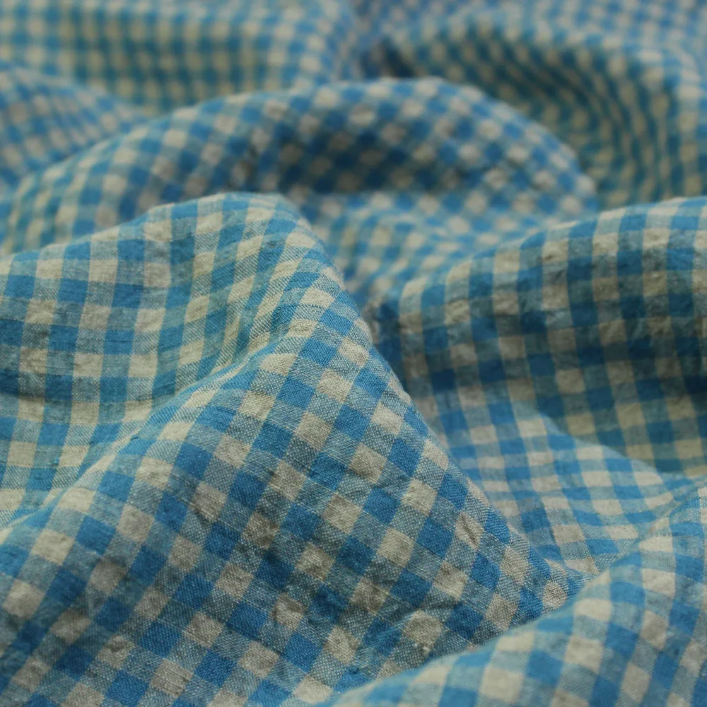 Sky Blue Pure Linen Fabric Plaid Fabric Dress Shirt Clothing Pants Curtain Fabric High-End Sewing Fabric by the Meter