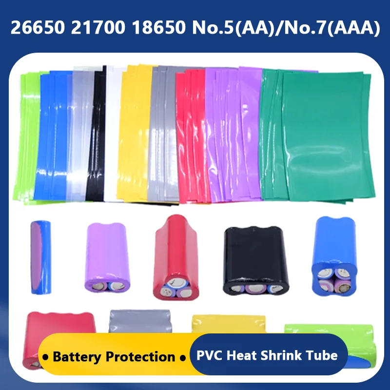 Battery Protection PVC Heat Shrink Tube - Precut Shrinkable Insulation Sleeve for 18650/26650/21700/No.5(AA)/No.7(AAA) 25~100P