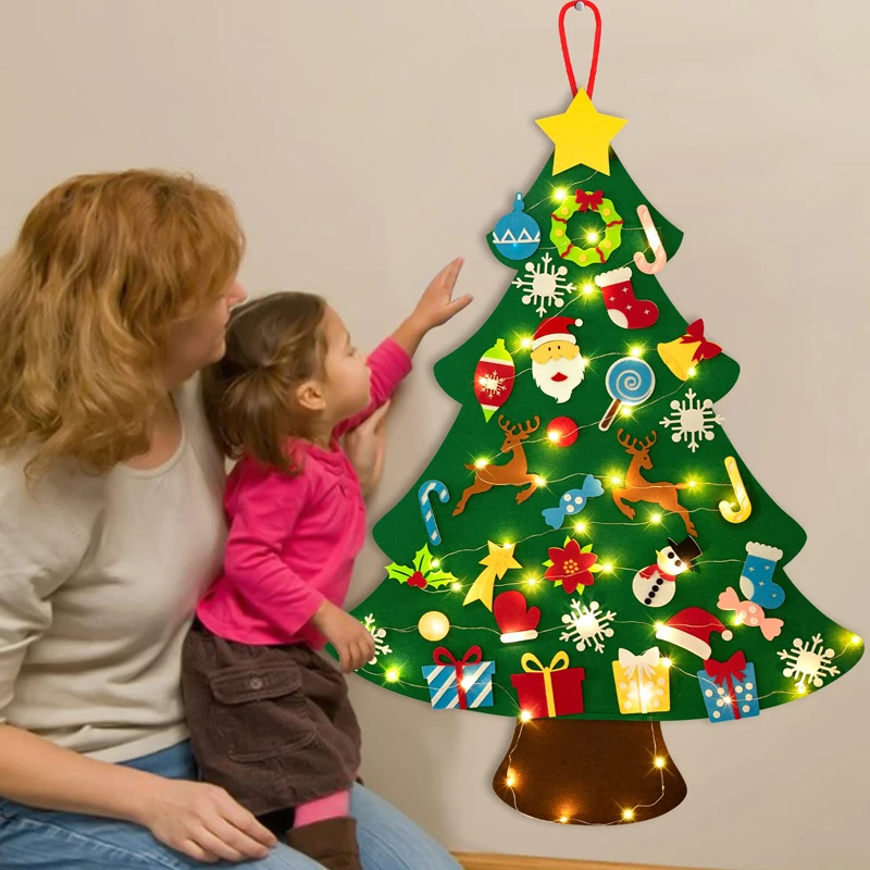 Kids DIY Craft Felt Christmas Tree With Light Detachable Ornaments Handmade Hanging Puzzle Holidays Decoration Christmas Gift