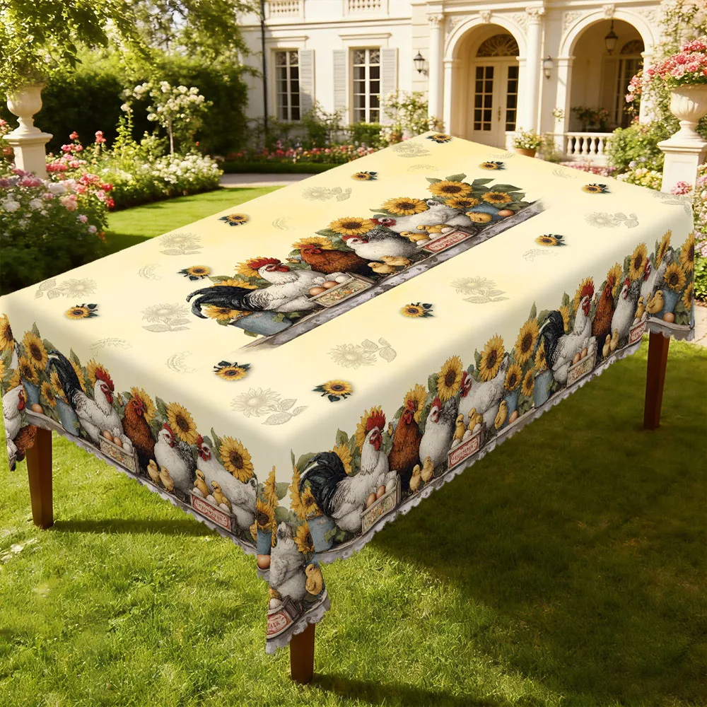 1 pieza de mantel redondo y rectangular con estampado de granja, disponible en varios tamaños, con un diseño de gallinero cálido y girasoles florecientes, combinado con un mantel con estampado de pollitos, con bordes en relieve, adecuado para reuniones familiares, patios, jardines y como decoración del hogar de estilo pastoral para todas las estaciones.