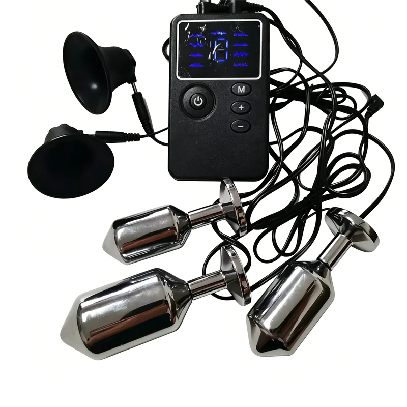 Metal Anal Butt Plug Prostate Massage Silicone Nipples Sucker 8 Modes Electric Shock Breast Stimulation Sex Toys for Men Women