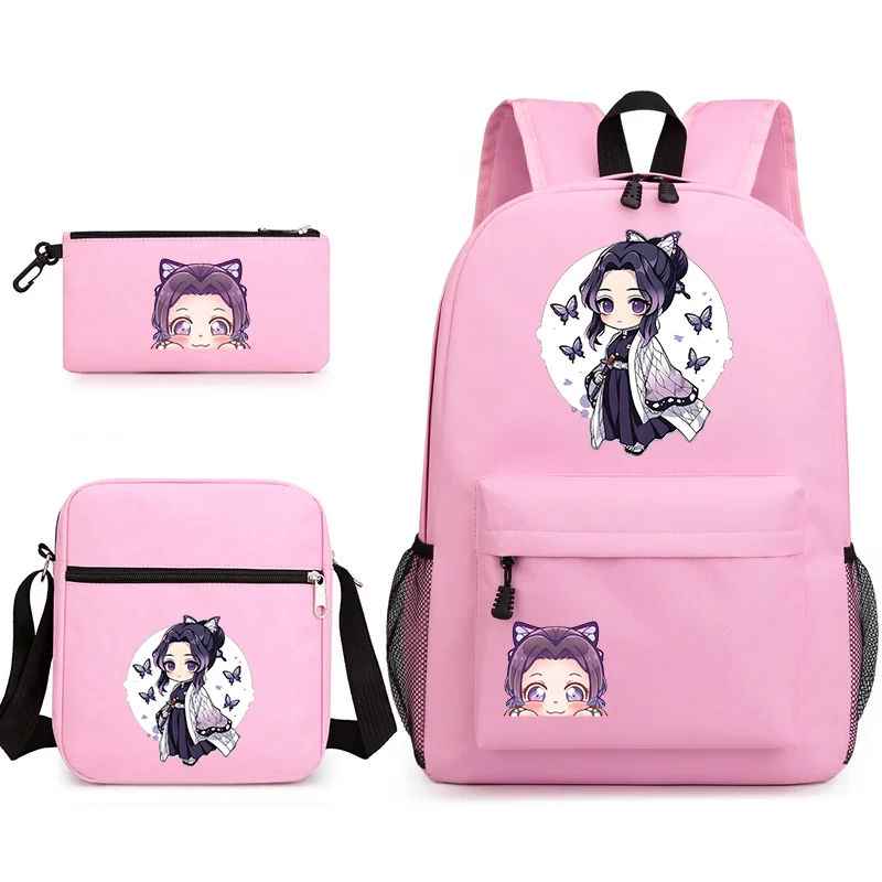 Bonito kochou shinobu 3 peças mochila novo anime kochou shinobu mochila bolsa de ombro caneta escola mochila de 3 peças