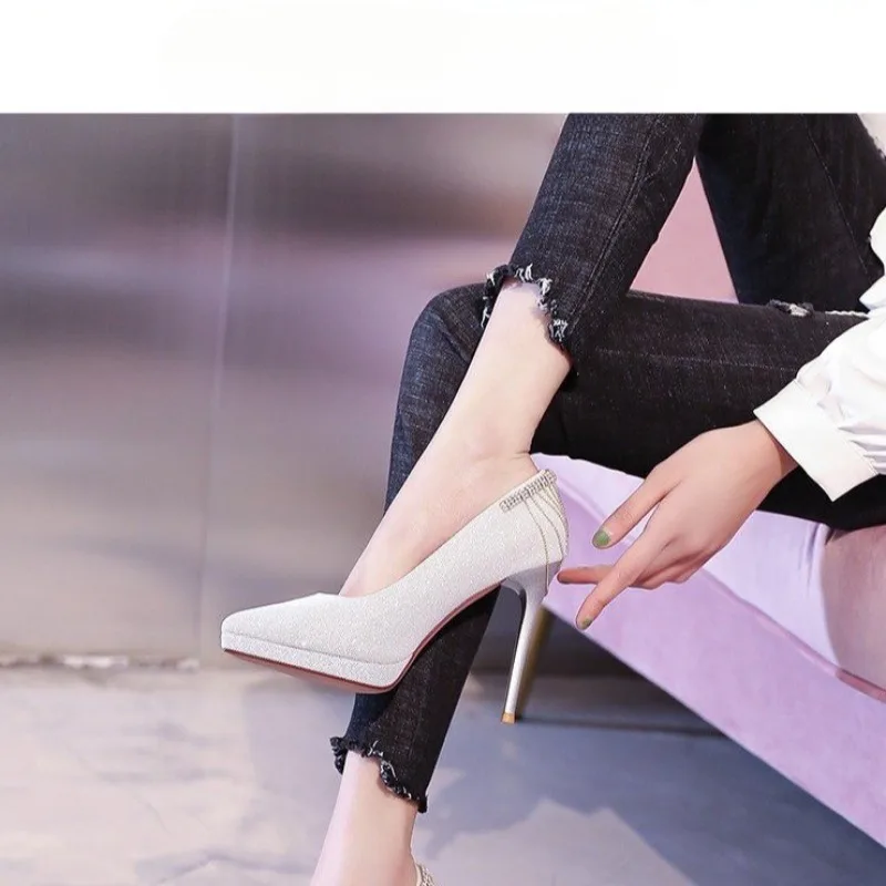 New Pointed Toe Pumps Women\'s Platform Stiletto Heels Sequins Tassel Wedding Shoes Banquet Shoes