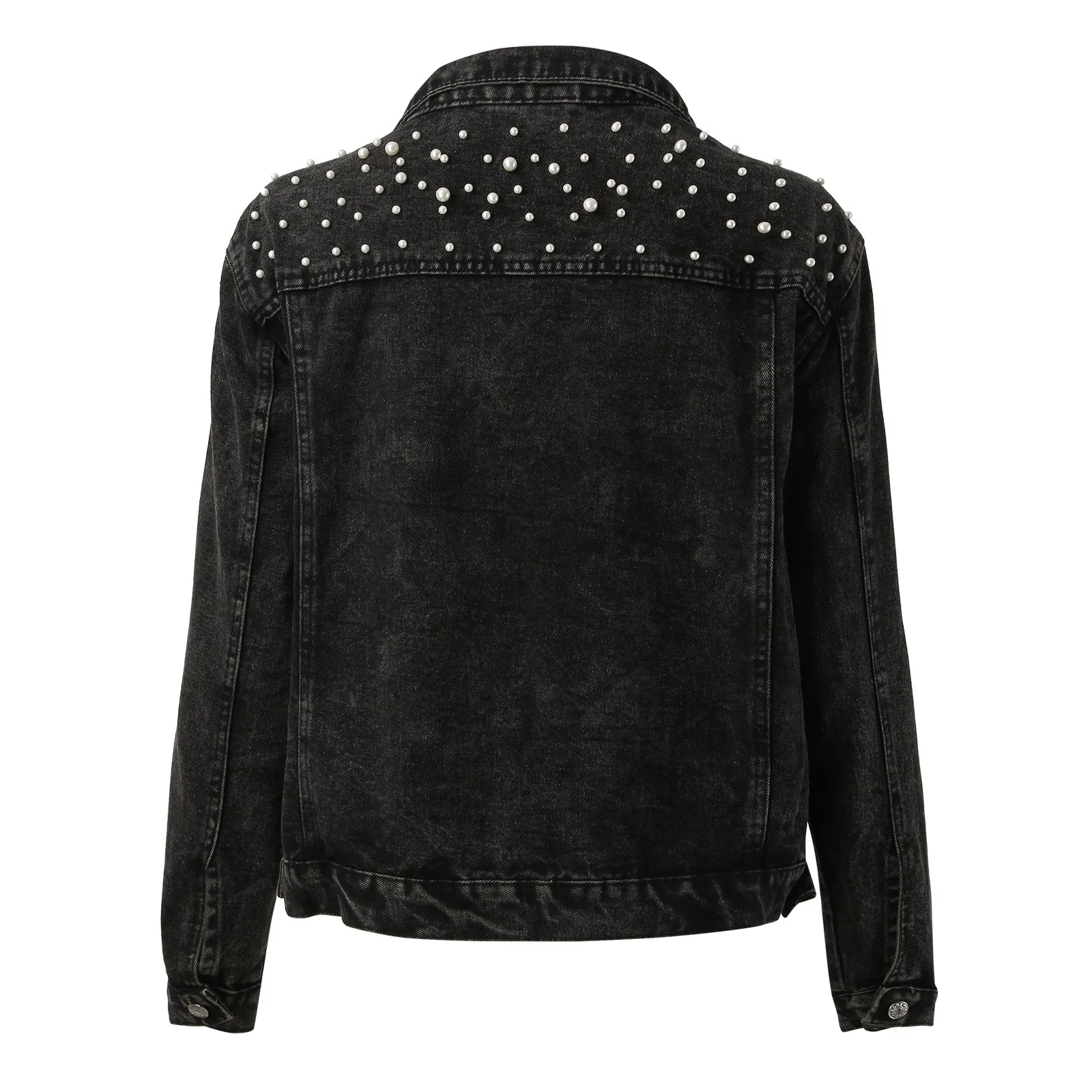 Autumn Women Denim Jacket y2k Vintage Streetwear Embroidered Pearl Beaded Cropped Cowboy Coats Button Lapel Outwears With Pocket