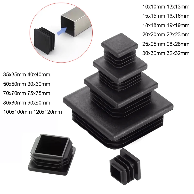 

4pcs Black Square Plastic Blanking End Cap Tube Pipe Insert Plug Bung 10/13/15/18/19/20/23/25mm~50/60/70/75/80/90/100/120mm