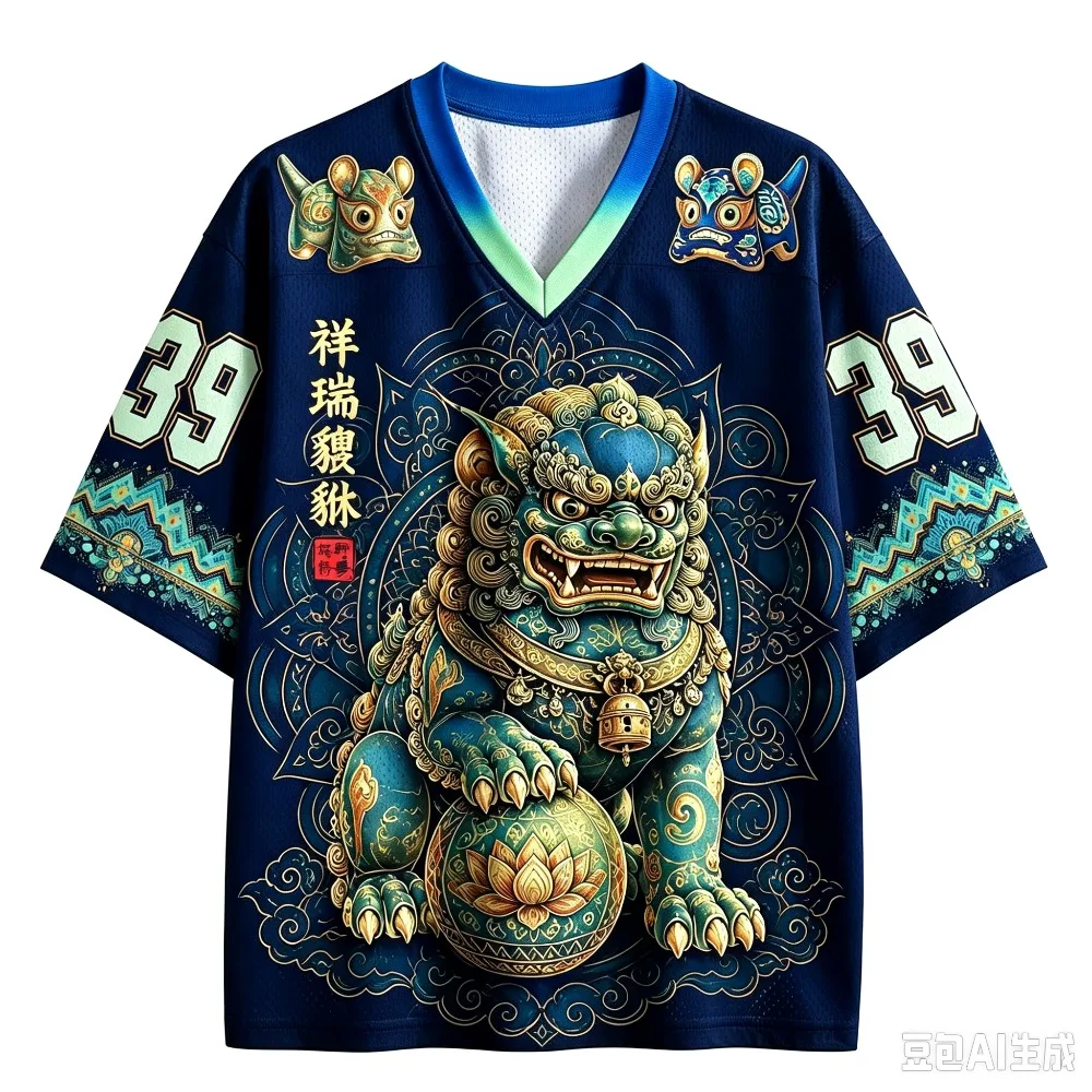 Chinesisches Phönix-Löwen-3D-Druck-Design, lässiges, atmungsaktives T-Shirt mit V-Ausschnitt für Damen und Herren – Y2K Street Hip-Hop Sportliches Oberteil – Detail 4