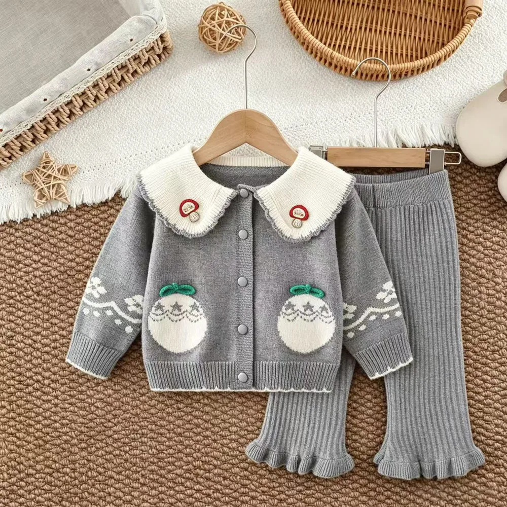 Autumn Winter Girls Knit Two Piece Set Lovely Cartoon Lapel Cardigan With Mushroom & Big Apple Prints 90-130CM
