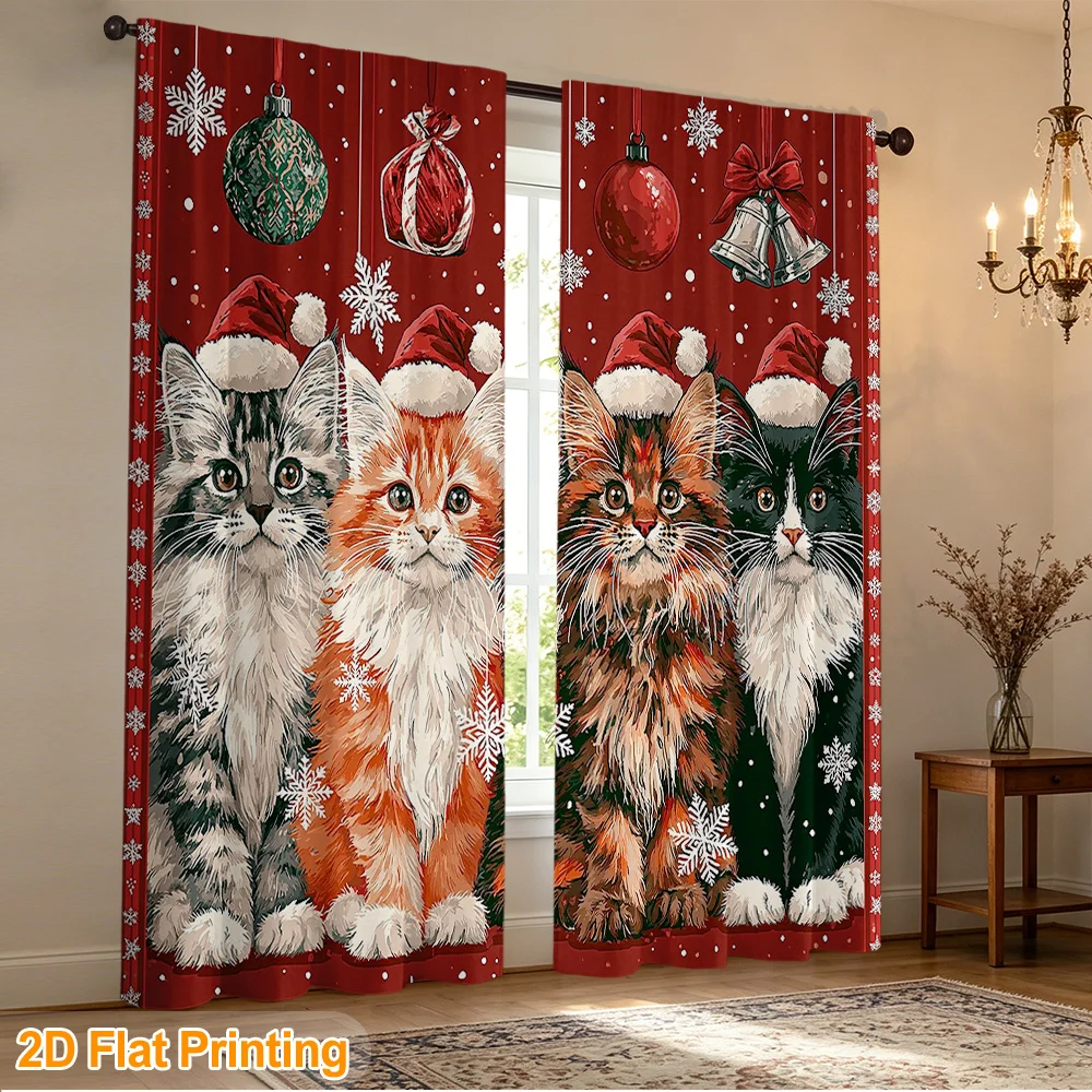 2PCS Christmas Curtains, Cat Santa Hat Kitten Red Four, Digital Print, Bedroom Living Room, Rod Pocket Polyester, Home Decor