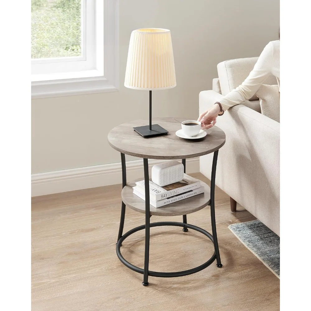 Side Table, Round End Table with 2 Shelves for Living Room, Bedroom, Nightstand with Steel Frame for Small Spaces