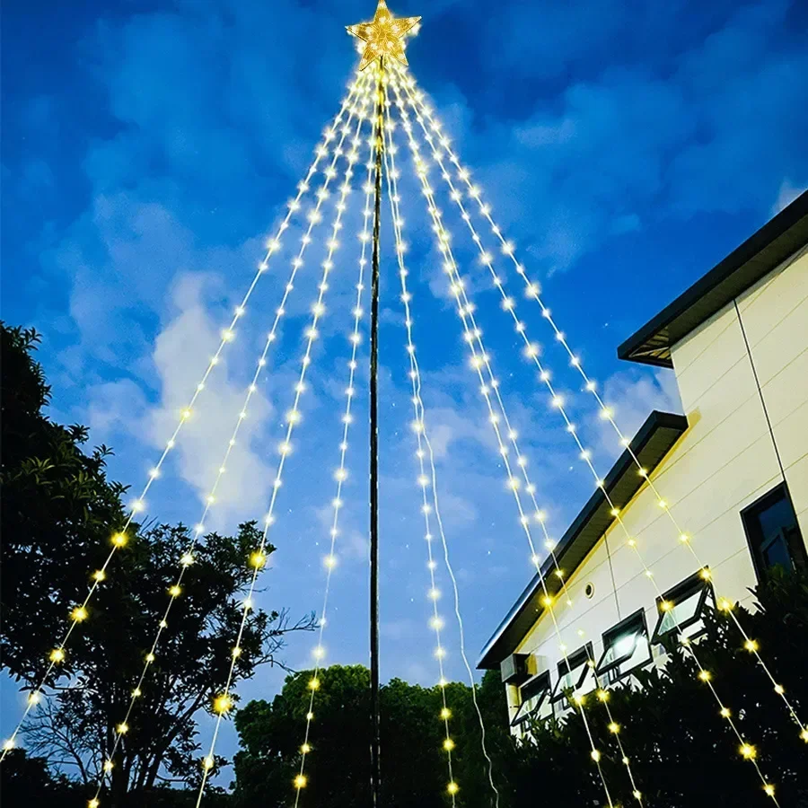 9X3M 288LED Outdoor Christmas Waterfall Star String Light Lighted Waterfall Tree Hanging String Light Topper Star Fairy Light