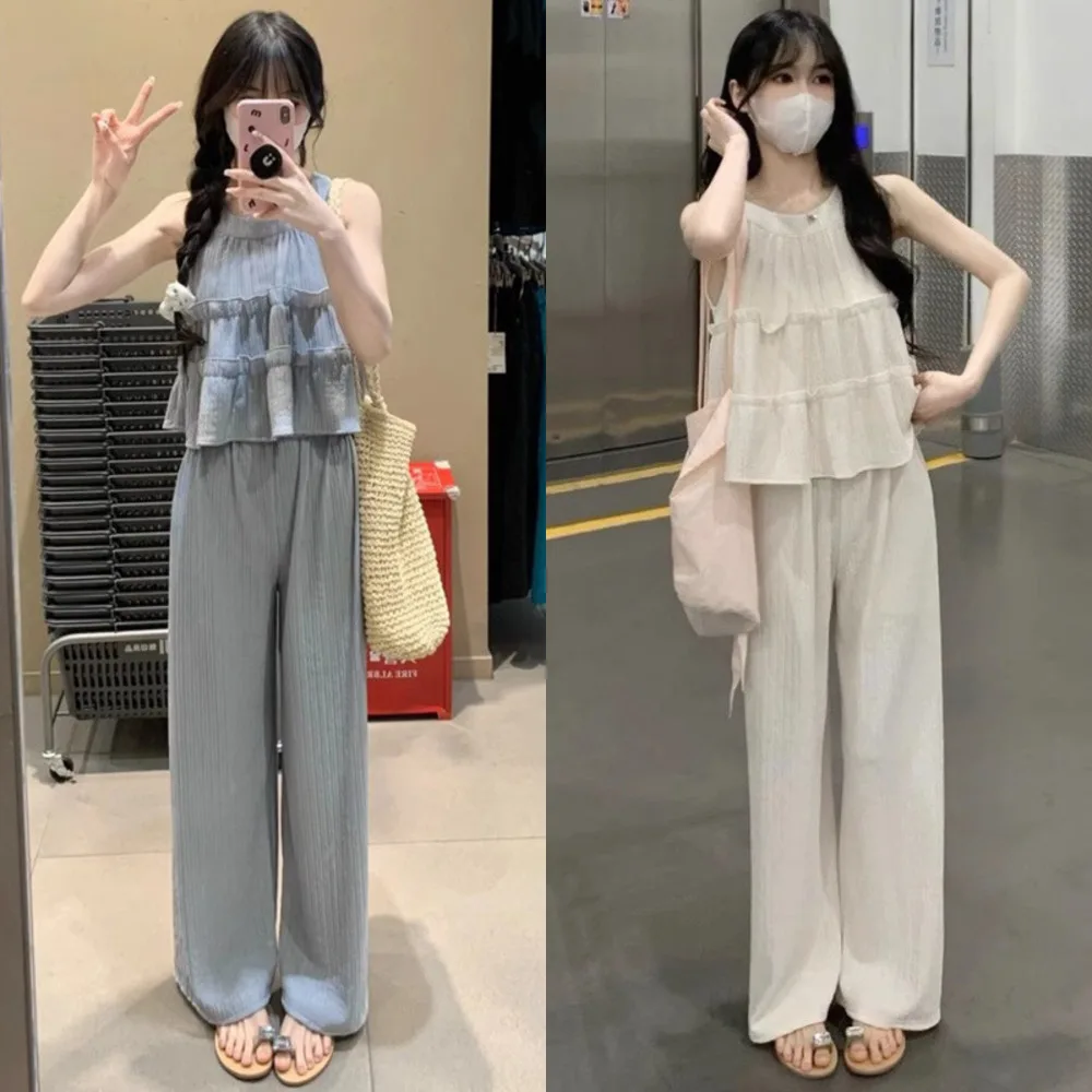 Sexy Off Shoulder Women's Shirt 2pcs Suits Loose Korean Leisure Style O-Neck Sleeveless Pullover Shirt High Waist Wide Leg Pants