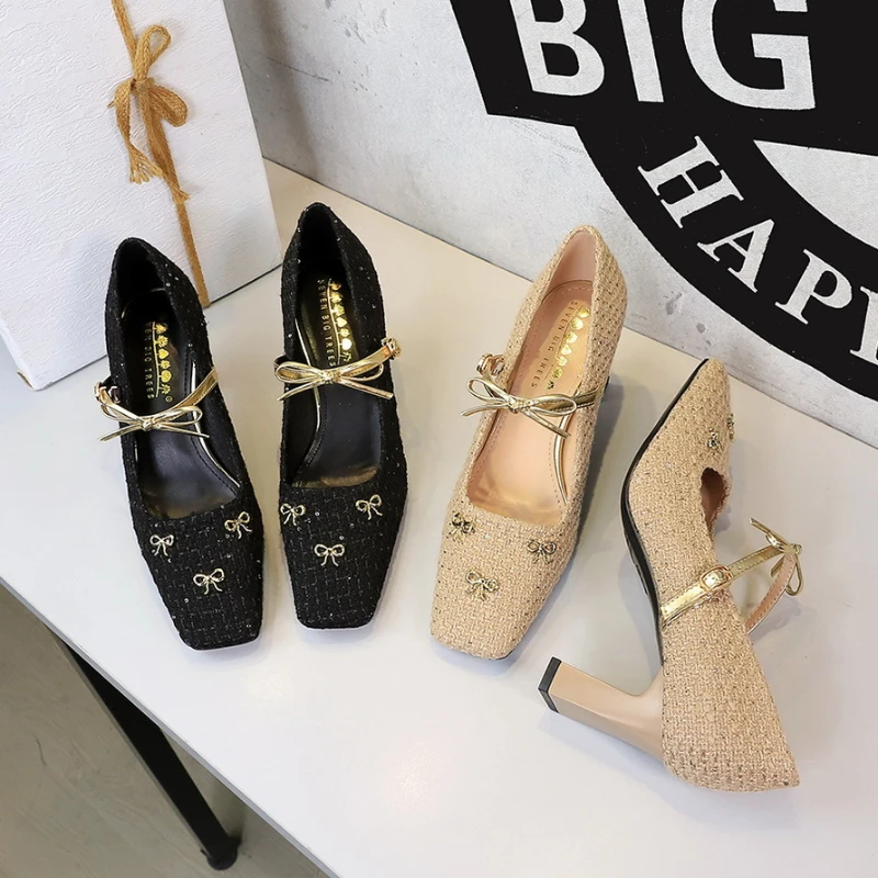 

Твидовые туфли на высоком каблуке с золотым бантом и ремешком на щиколотке, на массивном каблуке, с квадратным носком, элегантные туфли-лодочки для офиса, работы, свадьбы, вечеринки, выпускного вечера, официальных мероприятий