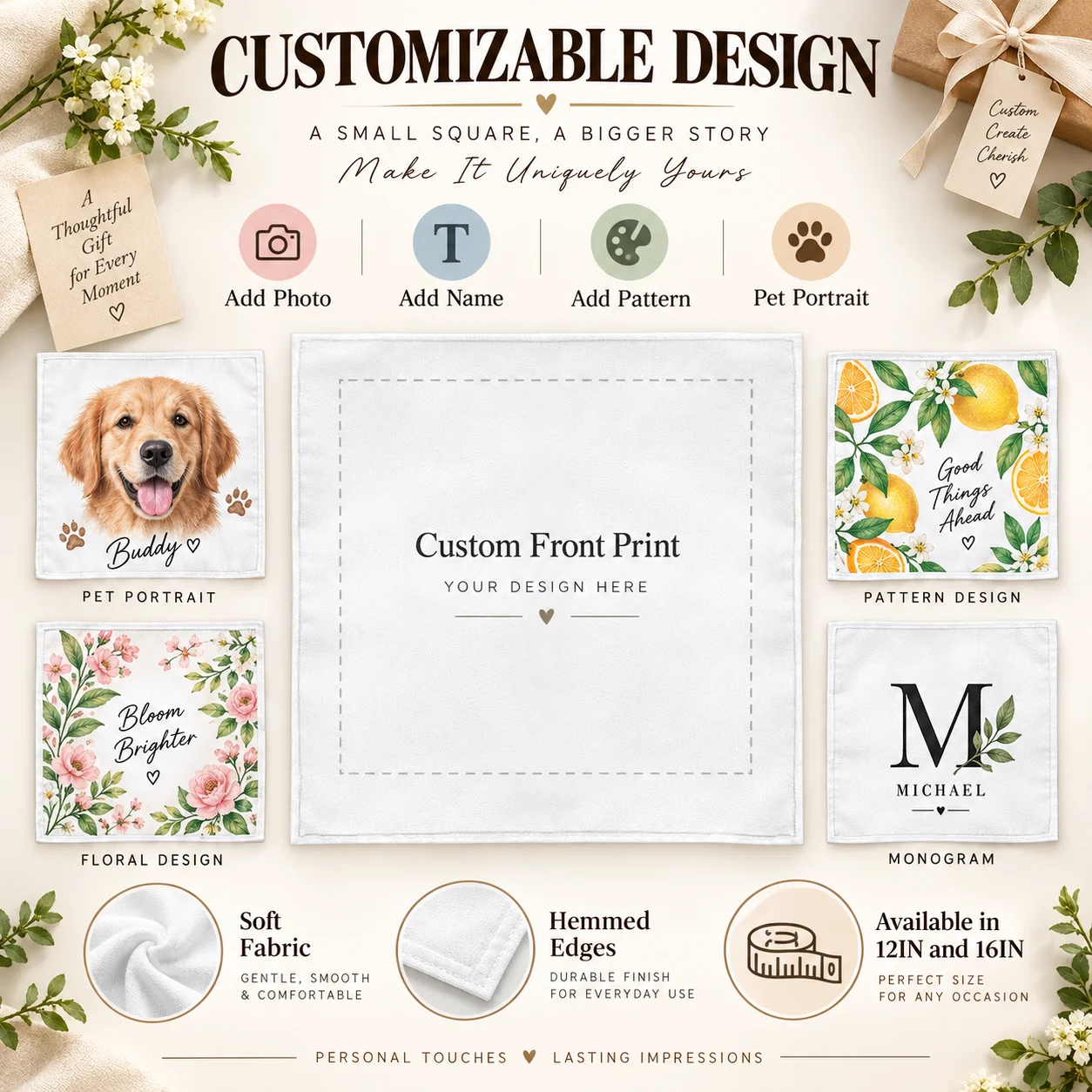 Custom Handkerchief Personalized with Your Own Photos on the Front Suitable for Any Occasion Soft  Comfortable Fabric Reusable