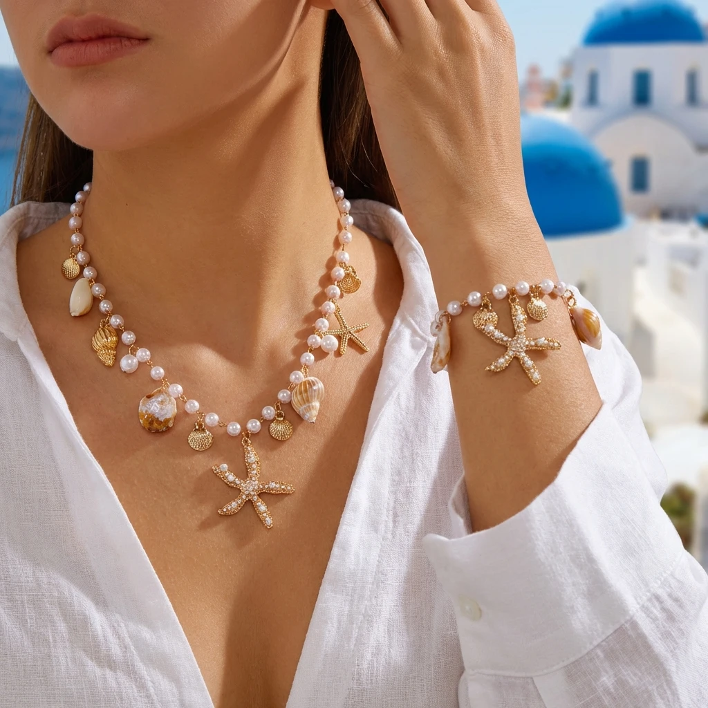 

Bohemian Beach Starfish Shell Conch Necklace Imitation Pearl Beaded Chain Choker Women Elegant Party Jewelry