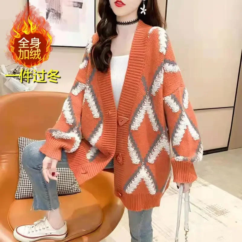 2024Autumn Winter New Sweater Women\'s Cardigan Thickened Korean Style Coat Loose Lazy Jackets Foreign Style Female Outerwear Top