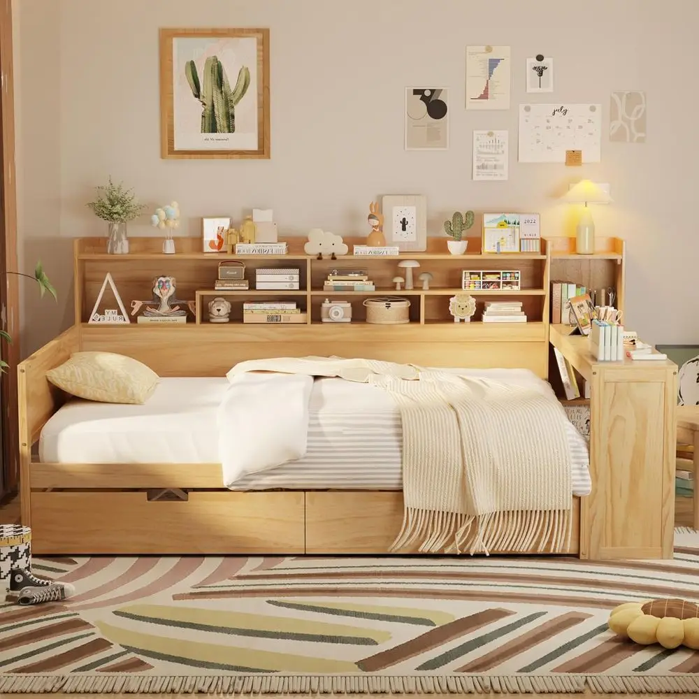 

Natural Pine Wood Daybed with Storage Drawers and Study Desk, Suitable for Kids and Teens