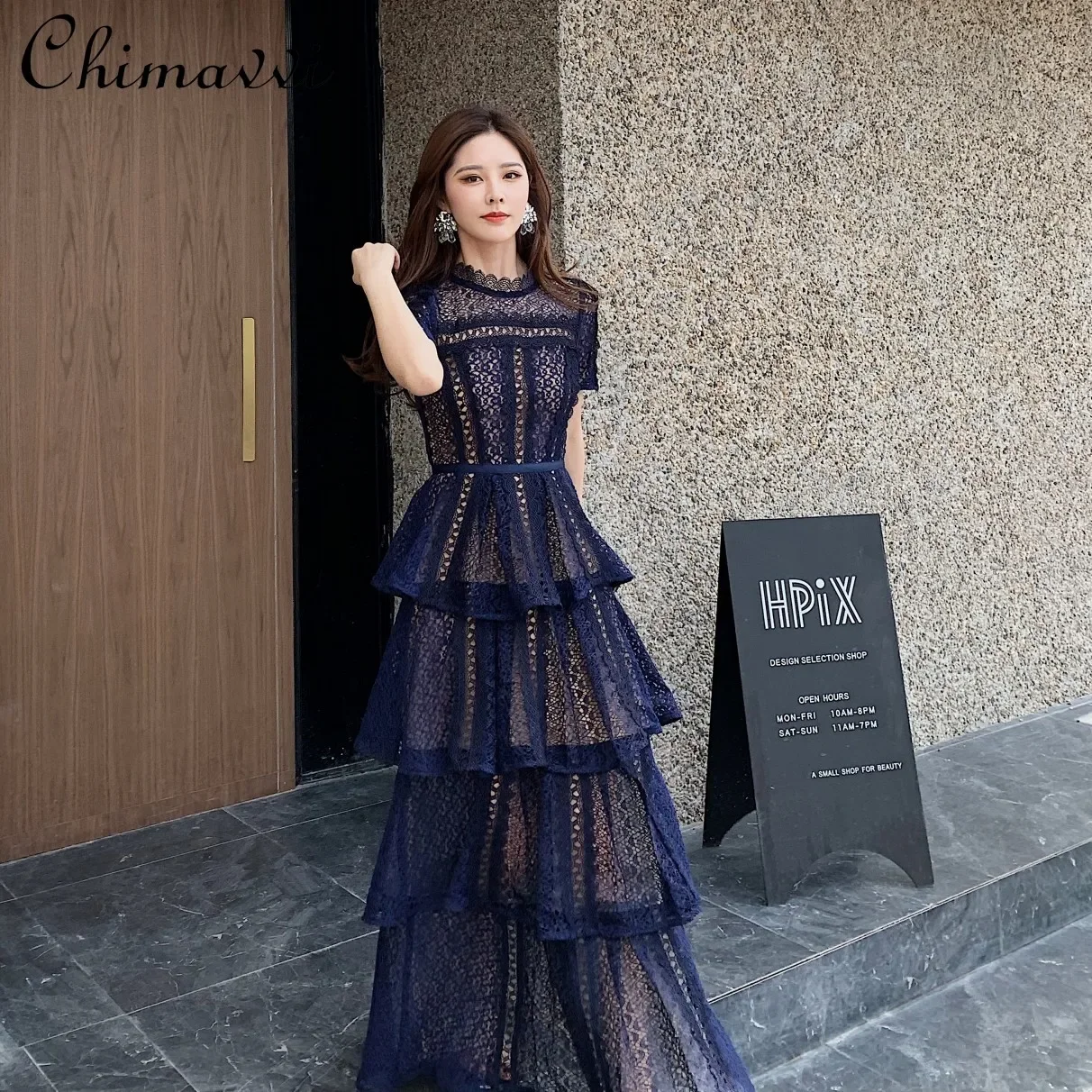 Maxi Dresses for Women 2023 New Summer Dark Blue Exquisite Lace Stitching Short Sleeve Multi-layer Cake Dress Slimming Dress