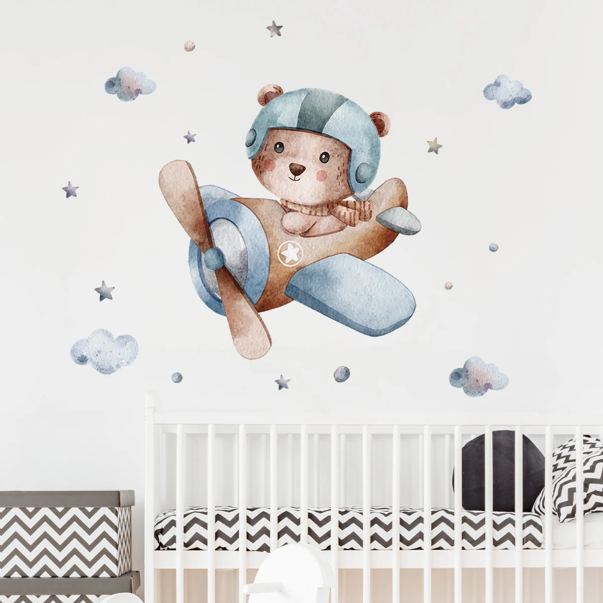 1Pc Cartoon Bear Flies Plane Wall Stickers for Children Room Kids Room Wall Decoration Bedroom Wall Decals Living Room Decor