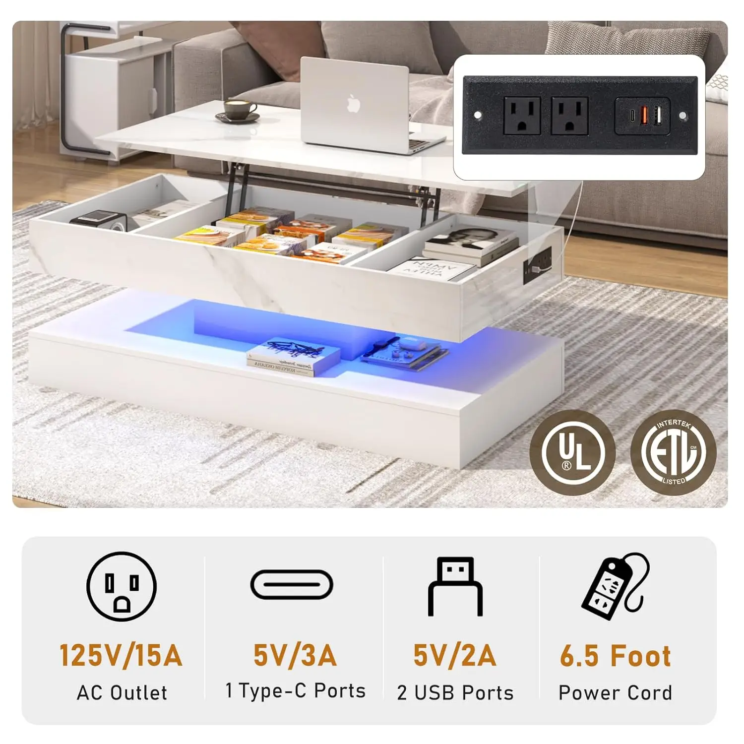 Stolik kawowy z podnoszonym blatem 120 cm (47,2 cala) z stacją ładującą, nowoczesny stolik centralny z wysokim połyskiem LED, możliwość personalizacji