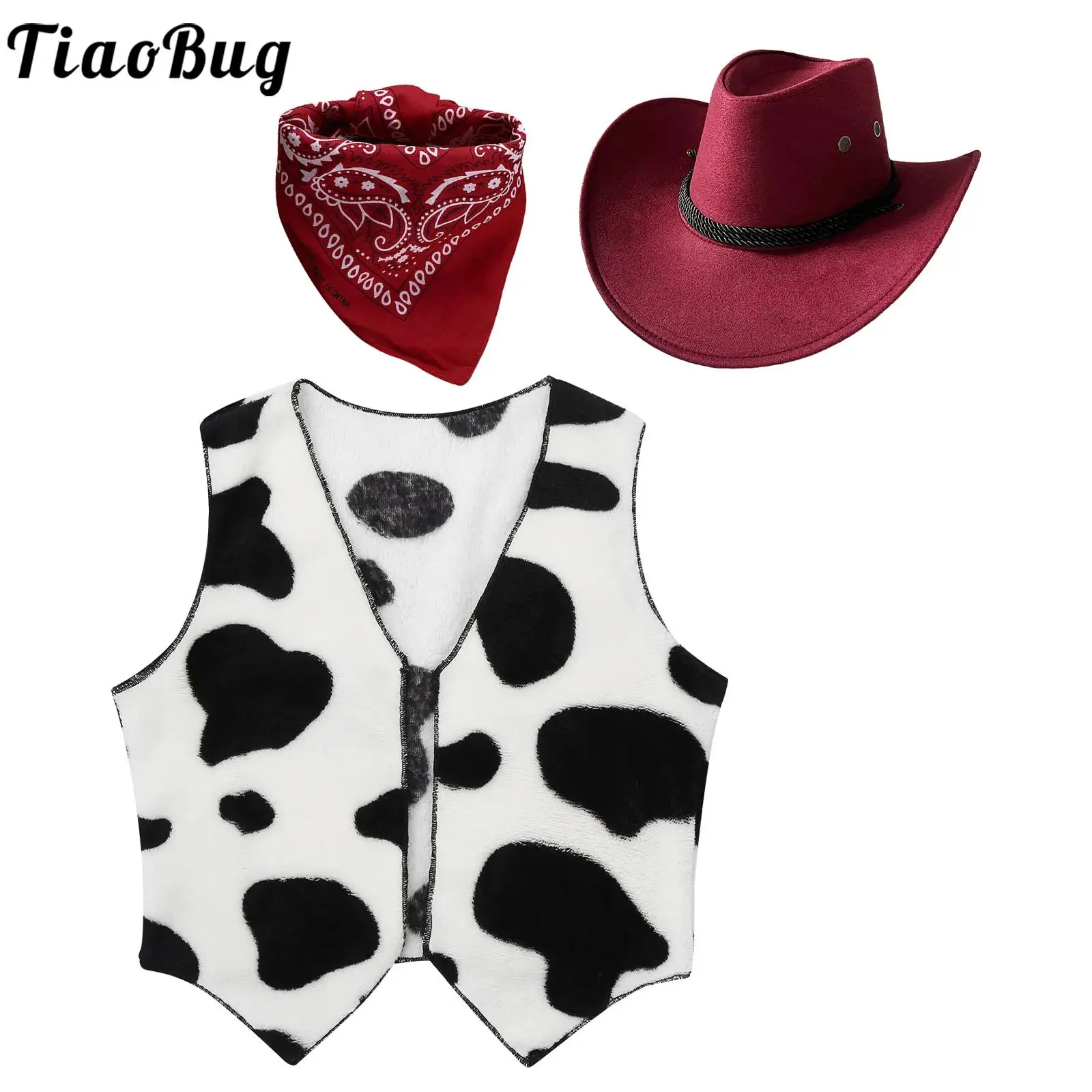 Halloween Cosplay Cowboy Cowgirl Costume Boys Girls Flannel Cow Printed Waistcoat Vest Tops with Bandanna Hat Set Fancy Clothes