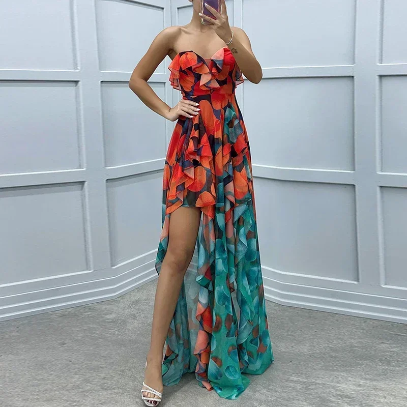 Elegante sexy fora do ombro gradiente irregular vestido de festa feminino babado flor impressão bohe vestidos longos drapeado chique vestido de noite