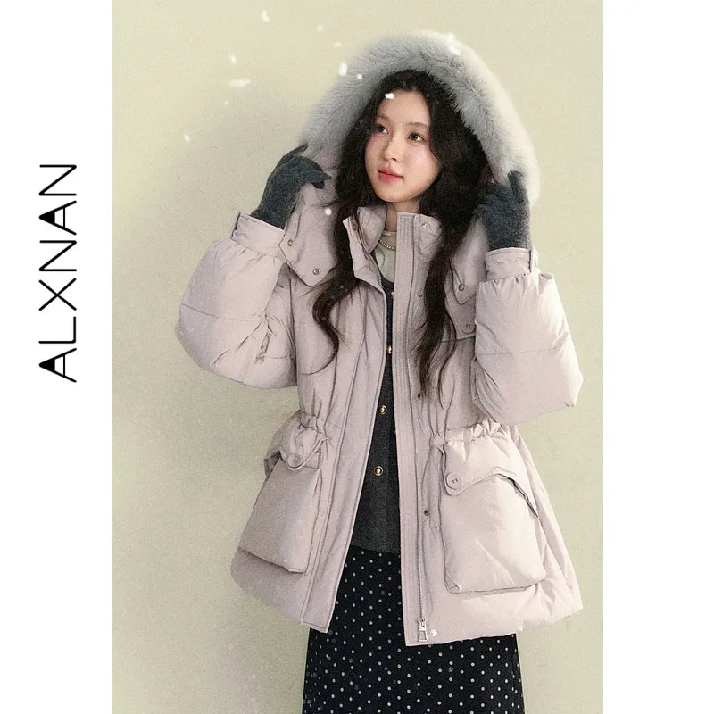 ALXNAN Women's Winter Down Jacket 90% White Duck Down Purple Puffer Coat Fur Collar Thick Warm Hooded Overcoat 2026 L60277