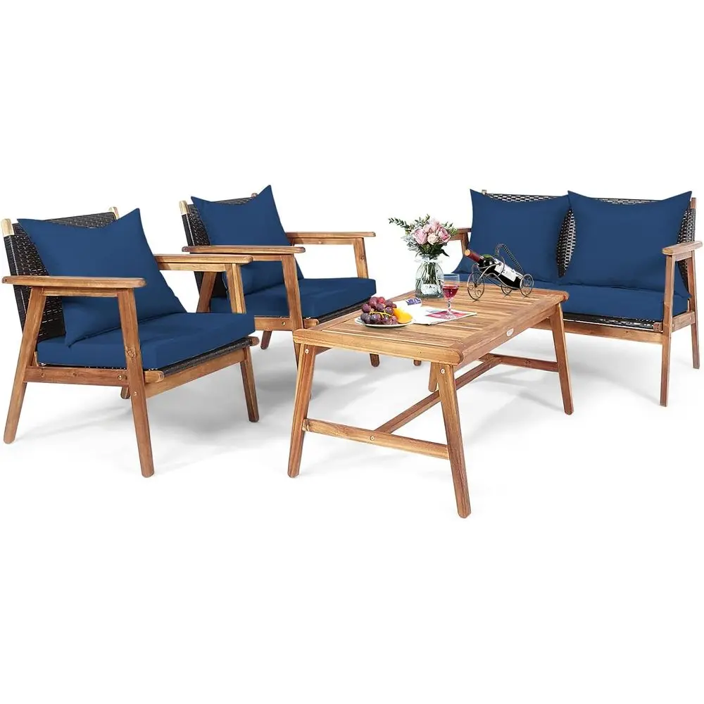 

Комплект садовой мебели из 4 предметов: диван из акации и ротанга с журнальным столиком и подушками для террасы, сада, бассейна или балкона