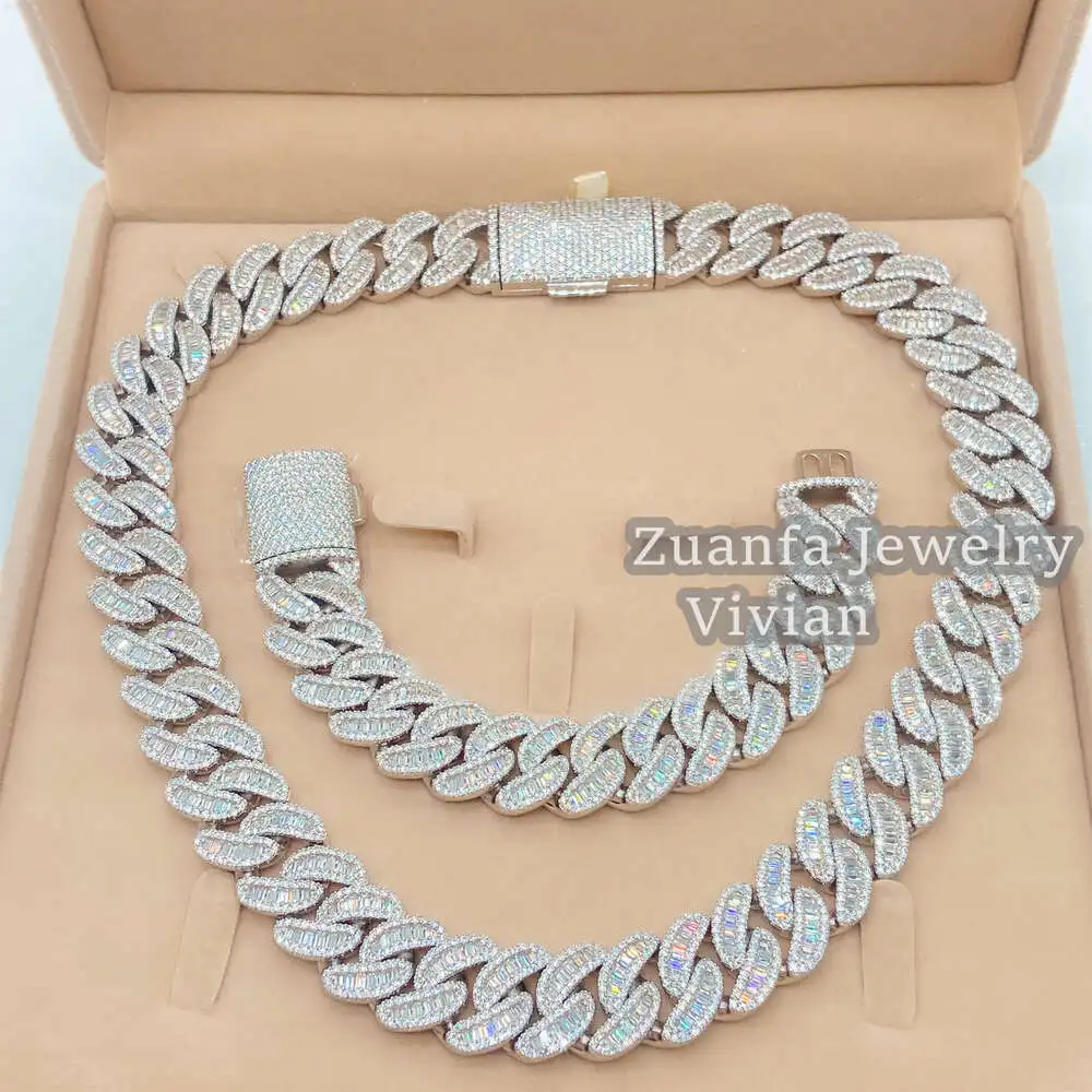 

18mm Width Baguette Diamond Chain Sterling Silver 925 Gold Plated d Color Vvs Moissanite Jewelry Cuban Necklace