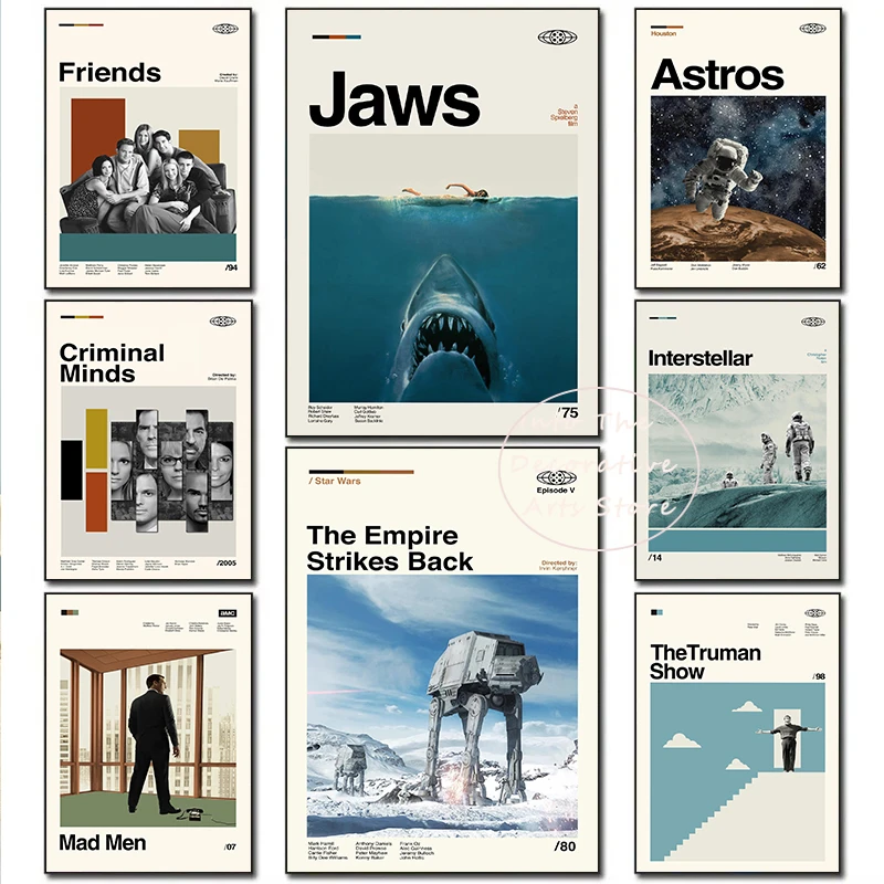 Retro Vintage Minimalist Movie Interstellar / Jaws Series Art Posters Canvas Painting Wall Art Prints Pictures Room Home Decor