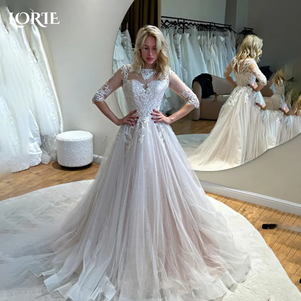 

LORIE Vintage Lace Wedding Dress A-Line Appliques High Collar Flowers Bridal Gown Elegant Princess Applique Bride GownCustomized