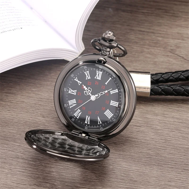 Vintage Roman Numeral Pocket Watch Hollow Case Quartz Movement Pendant Clock with Braided Rope Strap Chic Steampunk Accessory