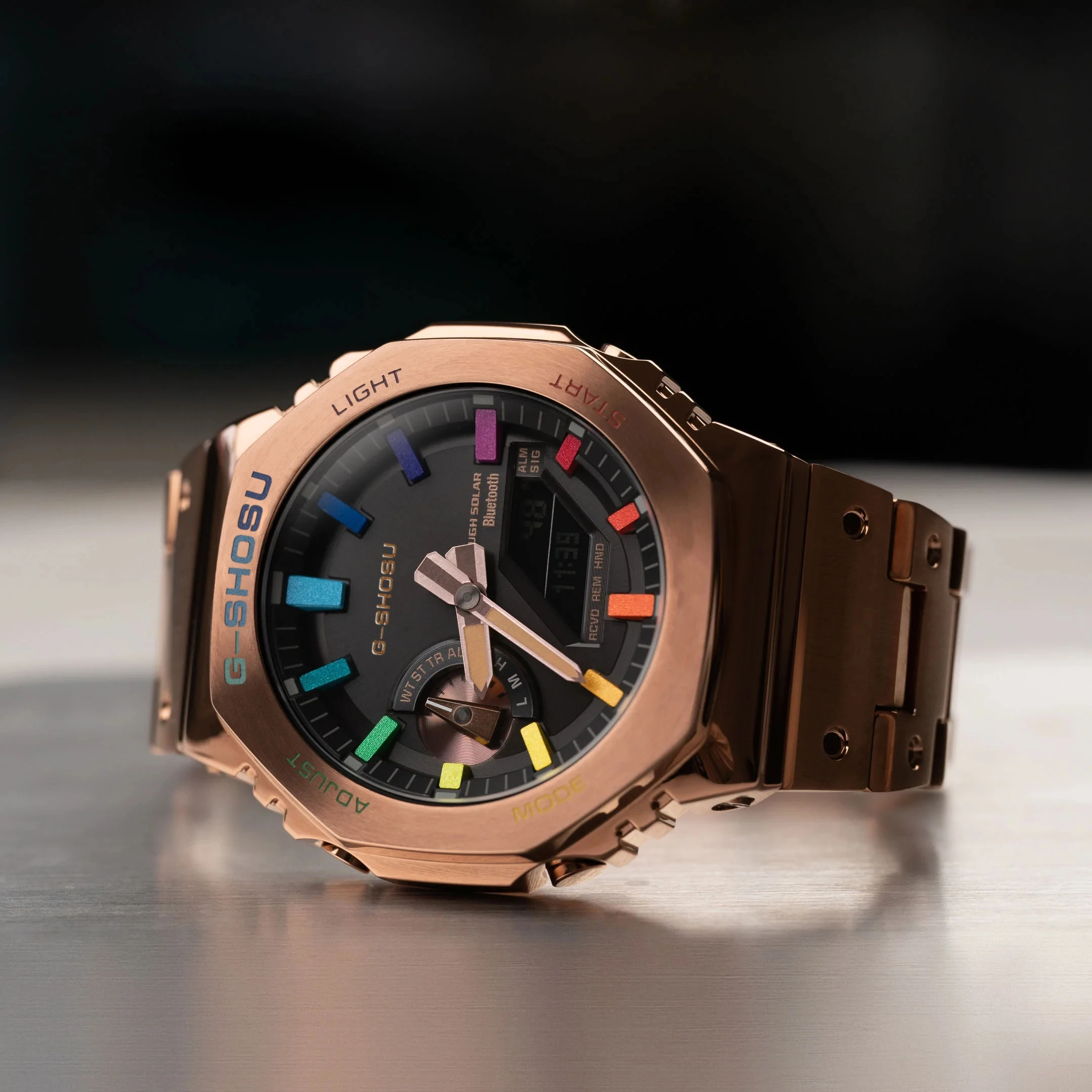 GMB-2100 orologio digitale sportivo da uomo in lega LED oro rosa arcobaleno quadrante grande funzione completa World Time Oak Series