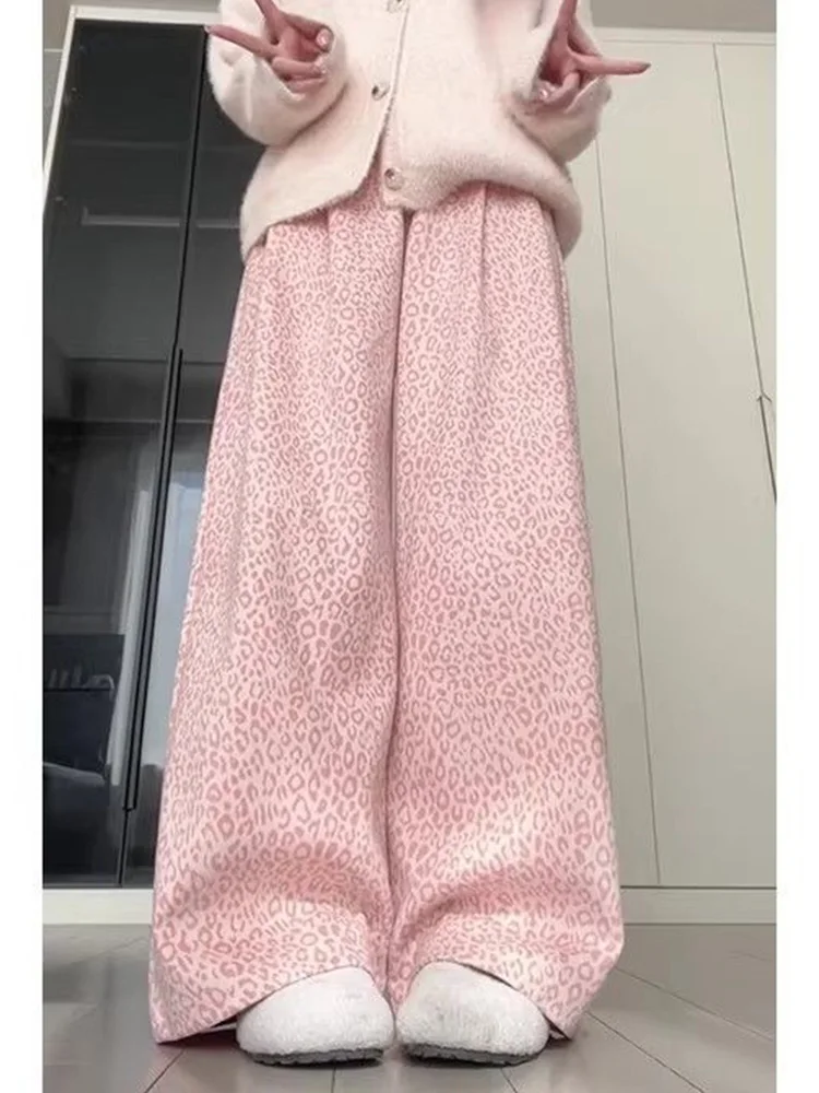 Sweet Pink Leopard Pants Women High Waist Loose American Wide Leg Trousers Spring Vintage Streetwear Female Casual Trousers New