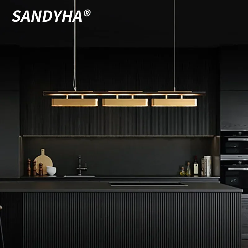 SANDYHA Modern Simple Stainless Steel Pendant Lights Long Strip Restaurant Hanging Chandelier Living Room Dining Table Lighting