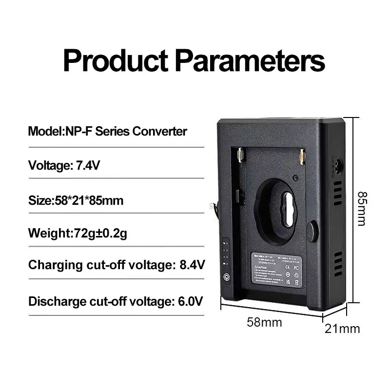 NP-F Battery Charger Battery Adapter Plate with DC12V DC8V USB-A Output Cold Shoe Adapter 1/4 Inch Screw Hole