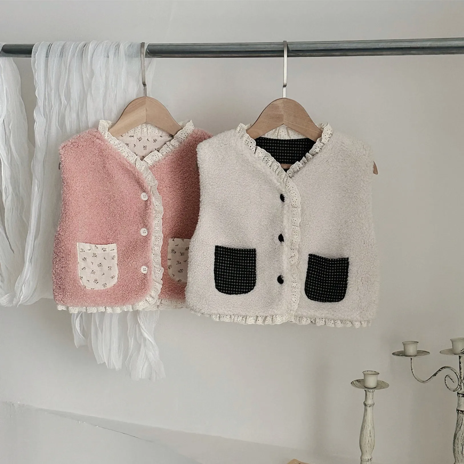 2024 Autumn Winter Baby Lamb Wool Vest Cute Lace Edge Infant Girls Pocket Warm Cotton Liner Waistcoat Vest