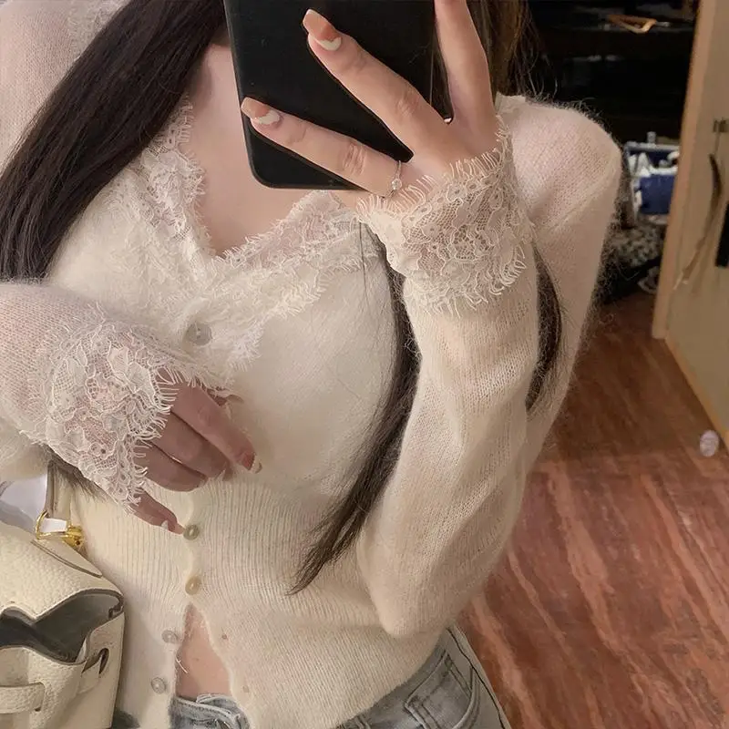 Genlte V Long Sleeve Blue Cropped Cardigan Thin Full  White Lace Shirts for Women Jumpers Slim Sweaters 2024 Fall