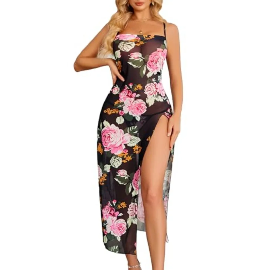 

Avidlove Sexy Lingerie for Women Floral Print Mesh Babydoll Side Split Nightgown Long Nightdress
