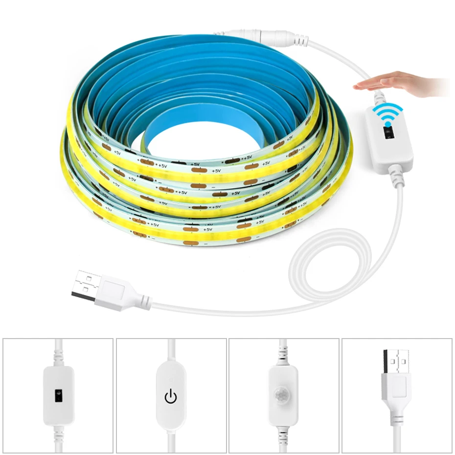 3M 5M COB 5V Led Strip Light 300LEDs/m Motion Sensor or Touch Dimmer or Hand Sensor Led Tape Adhesive Lighting For Room Closet