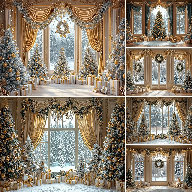 

LS Golden Christmas Windows Backdrop Winter Snowflake Scene Xmas Trees Kids Baby Photography Adult Photocall Festival Background