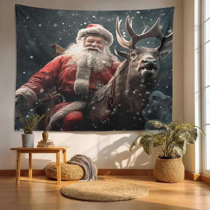 VIKAMA Christmas Tapestry Santa Claus Reindeer Snow Winter Wall Hanging Living Room Bedroom Aesthetic Xmas Wall Art Holiday Gift