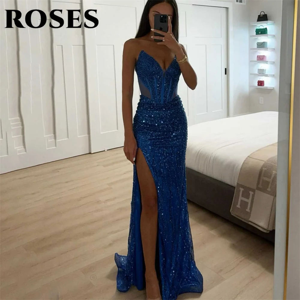 

ROSES Blue Evening Dresses V-Neck Prom Dresses with Split Sleeveless Sequins Robe De Soirée Glitter Mermaid Pleat Party Dress