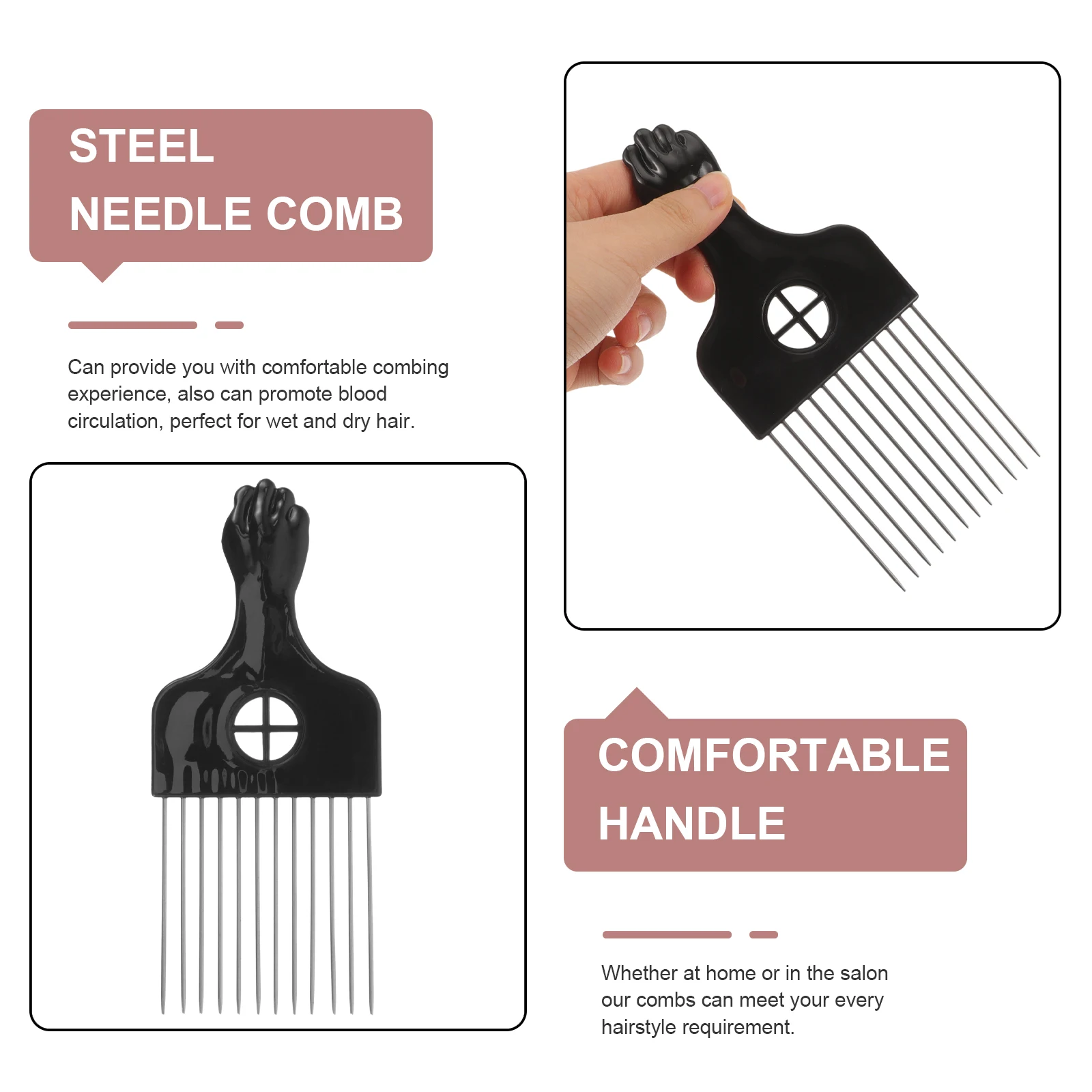 

2Pcs Steel Comb Tea Color H Hair for Women Men Curly Afro Clips Parting Hair Styling Comb Tool Salon Use