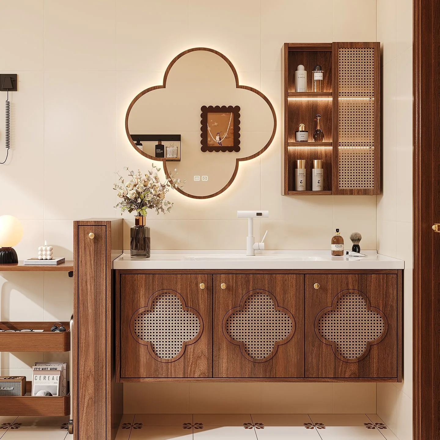New Chinese rattan special-shaped flower mirror cabinet, bathroom cabinet, integrated ceramic basin, modern bathroom, washbasin