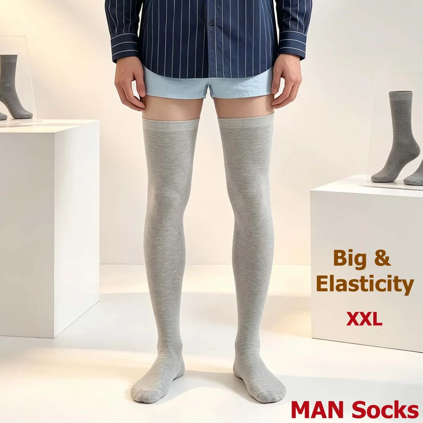 FREEAUCE Kaus Kaki Panjang Di Atas Lutut Nyaman Ukuran Besar Pria Elastis Stoking Tebal Bersirkulasi Udara untuk Pria Pakaian Olahraga Harian XXL Musim Dingin