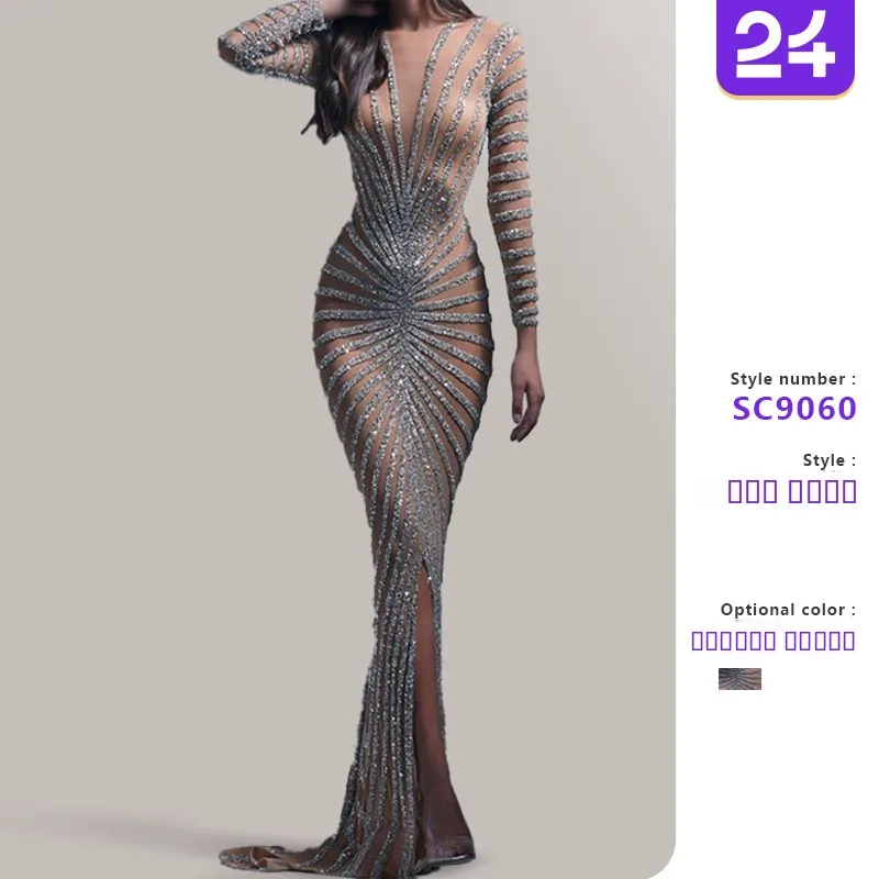 2022 Spring Faion Strass Damen Me Durchsichtig Lang Sve Schlitz Lang Dr. Polyester Gestrickt Thi Basic Sle Mid W...